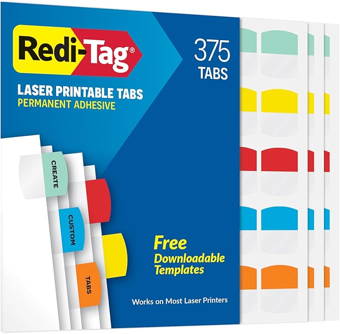 Redi-Tag Laser Printable Tabs, Permanent Index Tabs, Customizable Adhesive Labels, 5 Assorted Colors: Yellow, Red, Blue, Green, Orange, 1.125" x 1.25", 375 Per Pack (B39020)