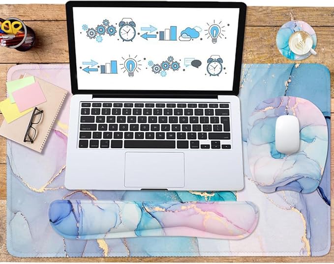 Keyboard Wrist Rest Large Mouse Pad Wrist Support for Computer, 4 in 1 Memory Foam Keyboard Pad Desk Mat Ergonomic Hand Rest Wrist Cushion for Home Office Gaming - Blue Marble