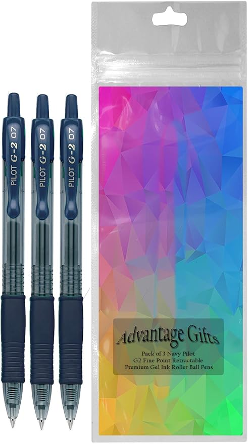 G2 Retractable Premium Gel Ink Roller Ball Pens Fine Point Fine Point (.7mm) Navy Ink 3-pk; Refillable & Premium Comfort Grip Bundle with Plastic Reusable Pouch