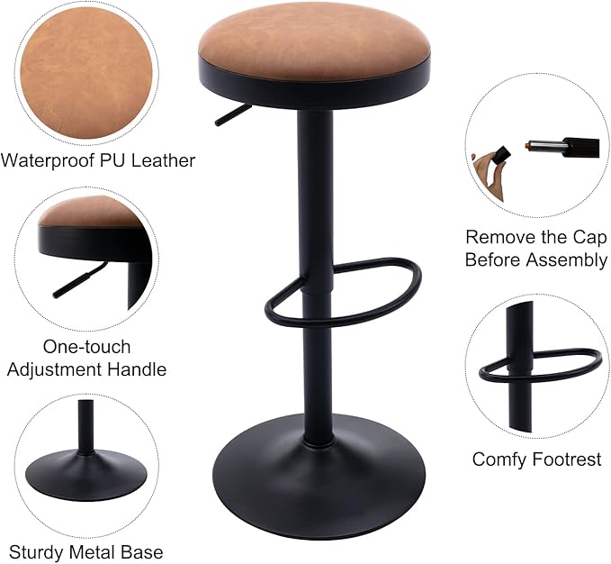 Round Swivel Counter Height Bar Stools Set of 3 Modern Adjustable Barstools Backless PU Leather Bar Chairs Industrial Island Chairs with Metal Base/Footrest for Kitchen Island/Pub/Bar, Brown