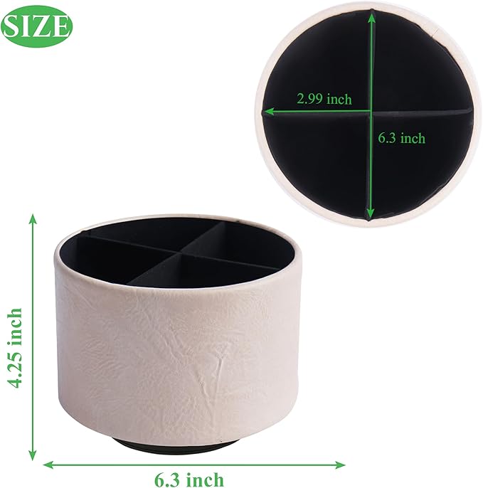 Hennaja Round Leather Art Supply Organizer,Remote Control Holder,360 Degree Spinning,Multi-Functional Pencil Holder,4 Compartments Desktop Stationary Organizer(1-Crazy White)