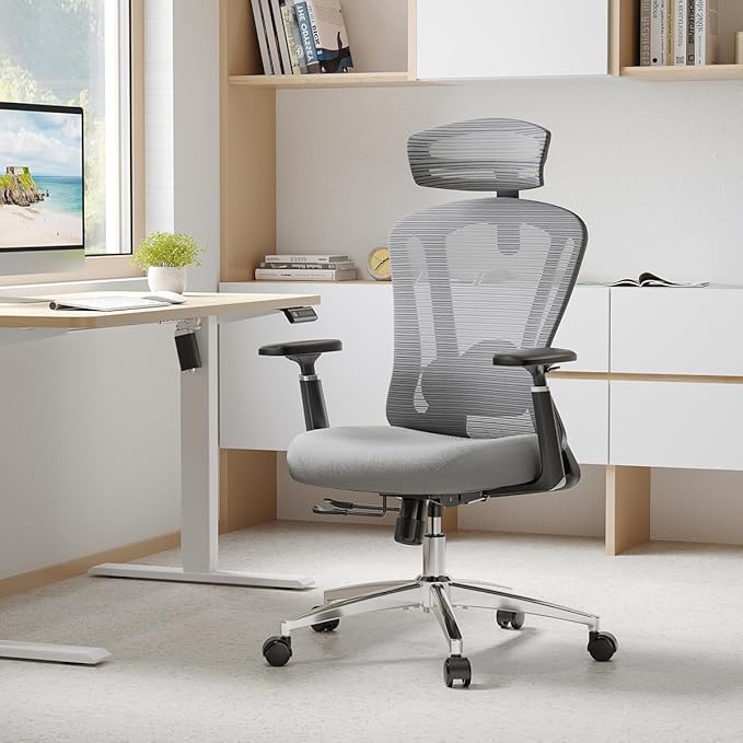 Farini Office Chair Ergonomic Desk Chair, High Back Computer Chair with Wheels, Home Sutdy Chair for Heavy People, Office Chair Adjustable Seat Depth, 3D Armrests and Adjustable Headrest, Gray