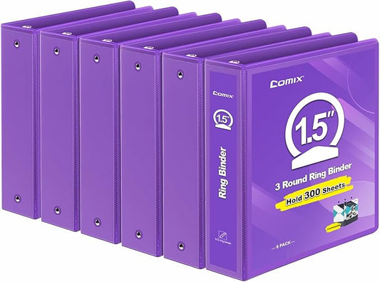 COMIX 3 Ring Binder 1.5 inch with Clear View Cover, 1.5" View Binder Holds 300 Sheets of US Letter Size Paper, 6 Pack (Purple)