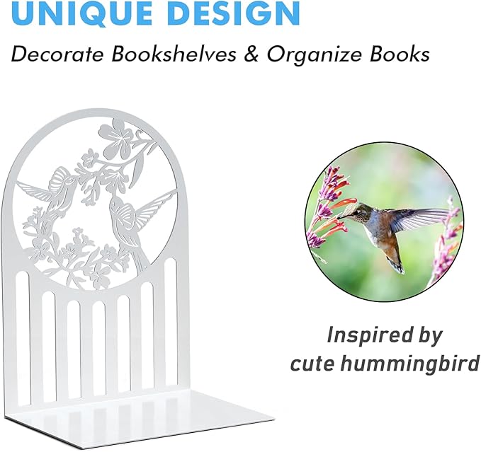 Hummingbird Book Ends, Metal Bookends for Shelves Decorative, Book Stopper for Heavy Books, Bookends for Home, Office, Library, School Use (White)