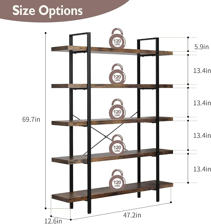 5 Tier Bookcase, 47 Inch Wide Wood Bookshelf, 120lbs Shelf Capacity, Rustic Open Shelving Industrial Display with Reinforced Horizontal Brown Shelves for Living Room Bedroom Office 2 Set