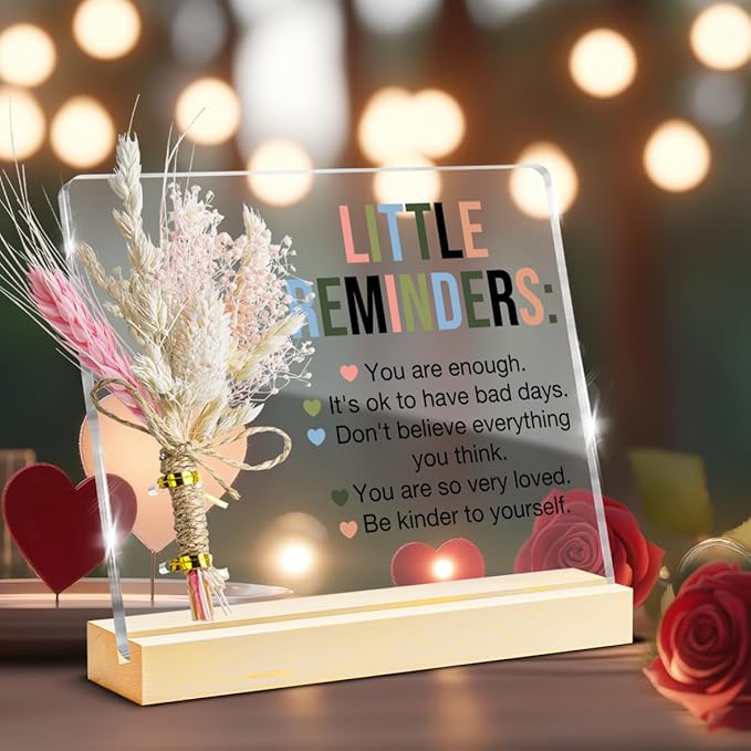 Inspirational Motivational Gifts Little Reminders You are Enough Clear Desk Decorative Sign, Bouquet Acrylic Sign With Wooden Stand for Office Desk Table Shelf