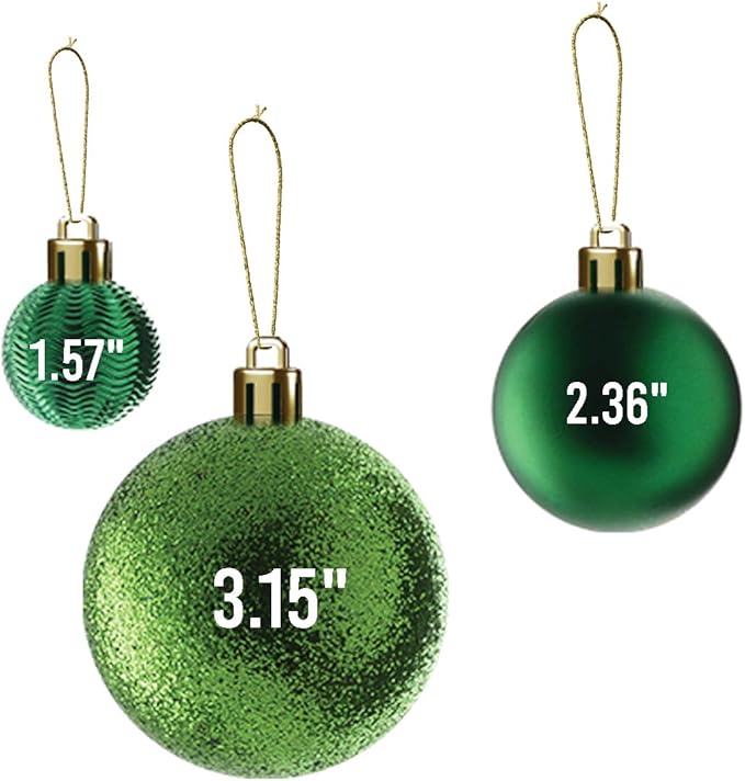 Prextex 36-Pieces Green Christmas Ornaments Set - Shatterproof, Festive Christmas Tree Balls Decorations in 3 Sizes and 6 Styles with Hanging Loops for Tree, Wreath, and Dazzling Holiday Party Decor