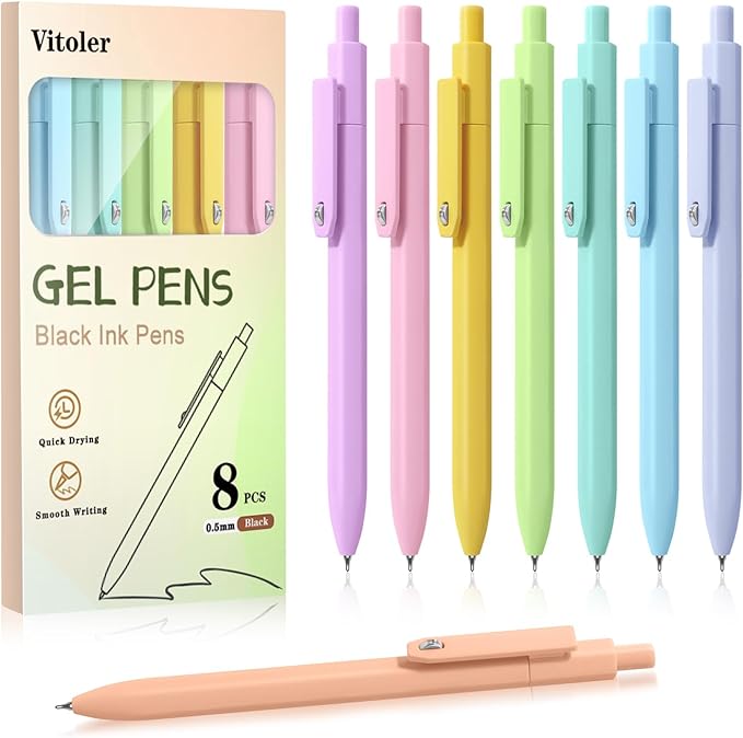 Vitoler Pens, 8pcs Cute Color Gel Pens, 0.5mm Black Ink Pens Fine Point Smooth Writing Pens for Women/Nurse Gift School Office Desk Accessories Supplies