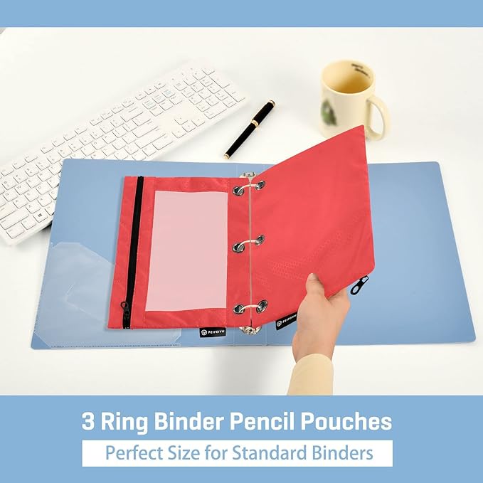 Gredecor Binder Pencil Pouch 3 Ring Red Zipper Pencil Pouches Case 2 Pack Clear Window Binder Organizer for School Office