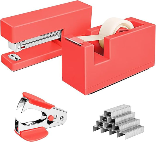 1 Desktop Stapler & 1 Tape Dispenser - 25 Sheet Capacity with 830 Staples and Staple Remover, Non-Slip for Office,School, Home & Classroom, Orange(Tape not Included)