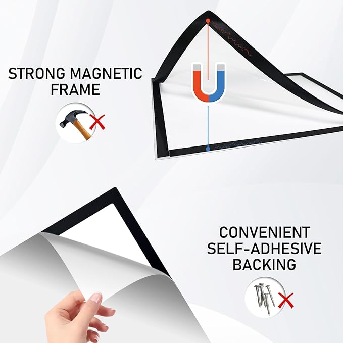 Magnetic Sign Holder - 8.5×11" Wall Mounted Self-Adhesive Magnetic Paper Holder,Transparent Wall Display Frame with Black Edge,Suitable for Office, Store, Mall, Home (8.5"x11" 12pack)