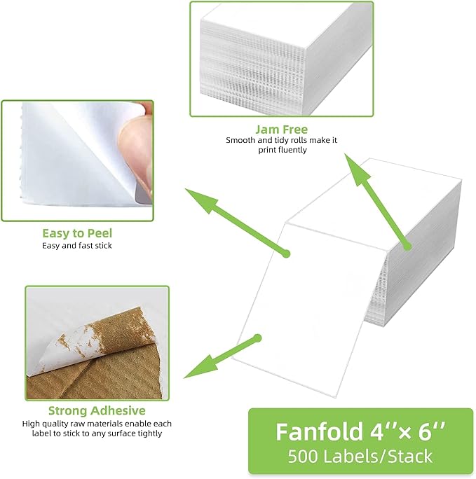 8 Stacks 4" x 6" Fanfold Direct Thermal Labels, 4000 Labels (500/Stack), Compatible with Zebra, Rollo, MUNBYN, NELKO Printers