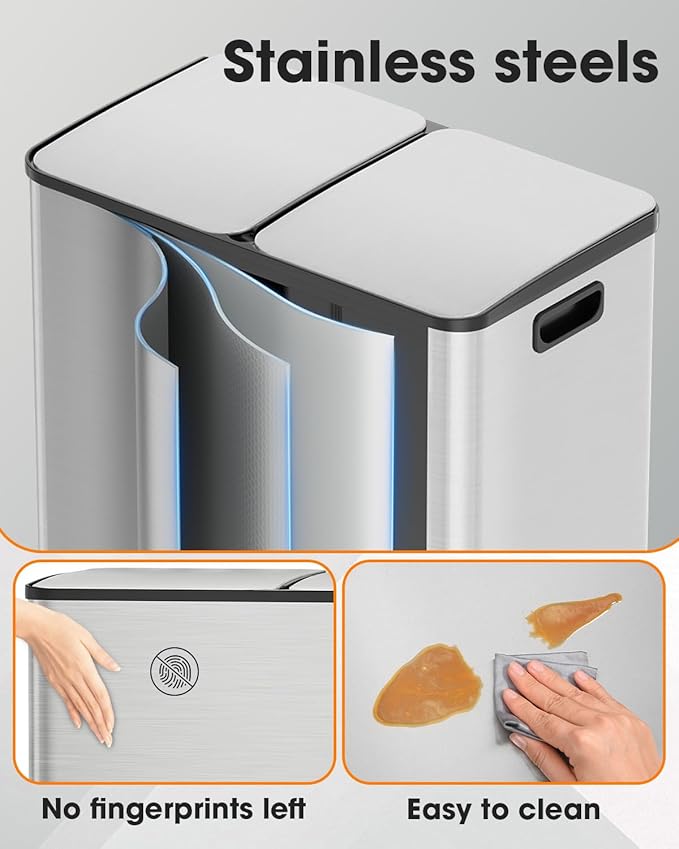 Lovewind Kitchen Trash Can, 2 x 8 Gallon (2 x 30 L) Stainless Steel Trash and Recycle Bin Combo with Soft-Close Lid, Dual Compartment Recycling Kitchen Step Trash Bin, Silver