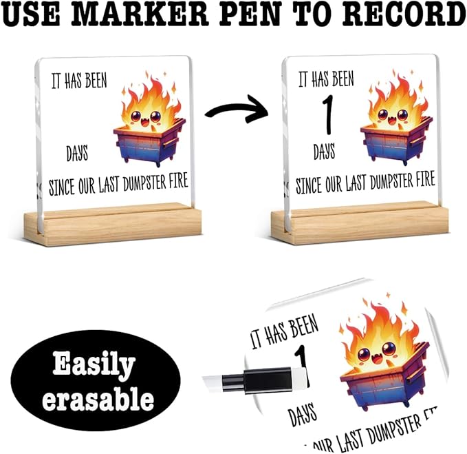 Dumpster Fire Desk Accessories Funny Office Decor,Dumpster Fire Funny Desk Decor,Wipeable Acrylic Sign Gifts for Coworker Boss Men Women with Wood Stand 4 X 4 Inch