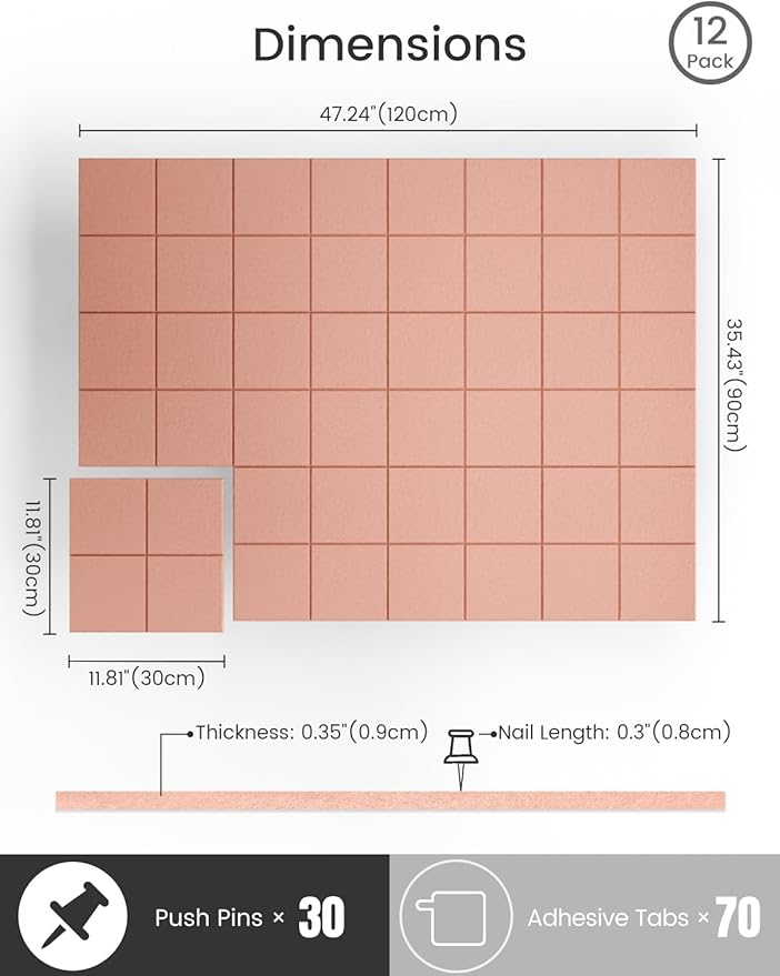 Bumusty Large Cork Board Alternative-47 x35 Felt Bulletin Board Tiles, with 30 Pushpins, 70 Adhesive Tabs, 12-Pack Slat Wall Paneling, Cork Boards for Office Push Pin Board Felt Board-Pink