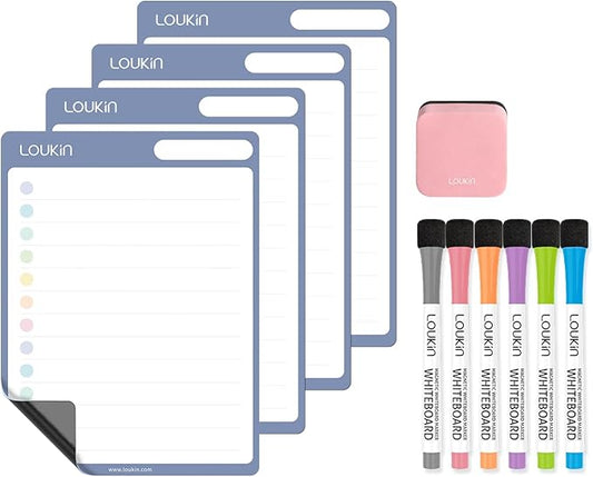 Loukin Dry Erase Checklists 4 Pack, Electrostatic Clings to Any Shiny Surface, Whiteboard Shopping List, Reusable to do List for Office, Classroom, Refrigerator, 6 Markers&1 Eraser Included