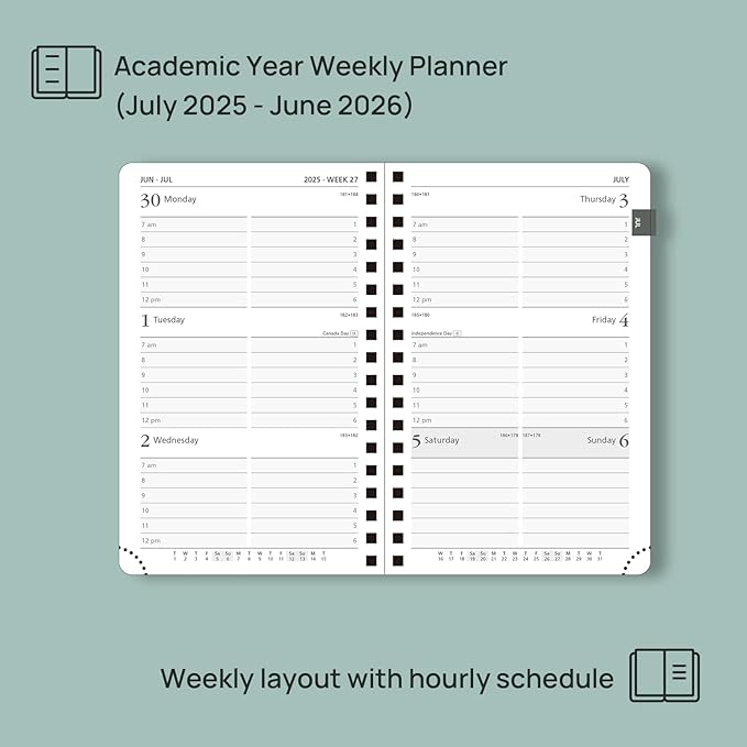 POPRUN Pocket Planner 2025-2026 (Spiral Hardcover - 4''x 6.25''), Daily Weekly and Monthly (July 2025 - June 2026) with Hourly Time Slots, for Purse, 100 GSM - Burgundy