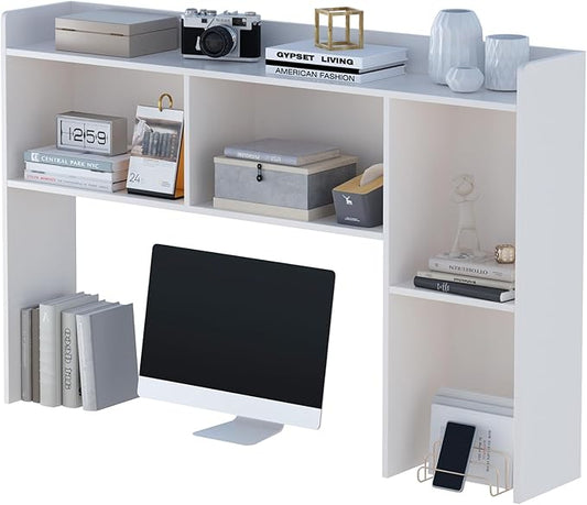 Wooden Desktop Hutch Bookshelf - Free Standing Desk Storage Shelf with Top Edge for Computer Desk, Desktop Bookcase for Dorm, Home or Office, Countertop Organizer, White, 53.2"