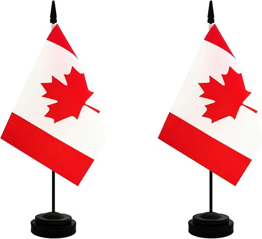 2 Pack Canada Desk Flag, Canadian Table Office Flag with Solid Pole and Stand Base, International Country Flag, Festival Celebration, Classroom Meeting Desktop Decoration (Canada)