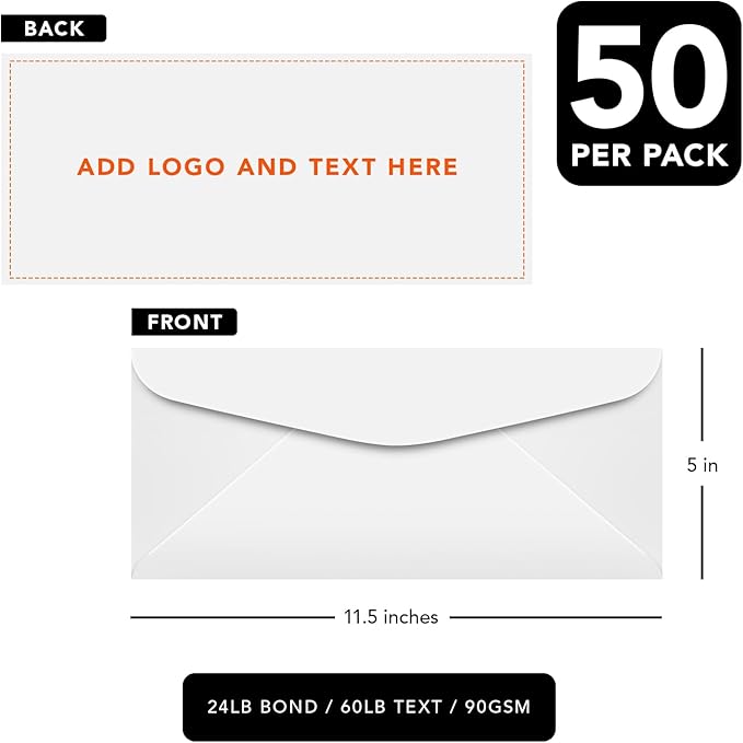 Customize Your #14 Business Envelopes - Upload Your Full Color Logo and Return Address - Custom Professionally Printed Bright White Wove Envelopes, Strong Gummed Flap - Thick and Sturdy - 50 Envelopes
