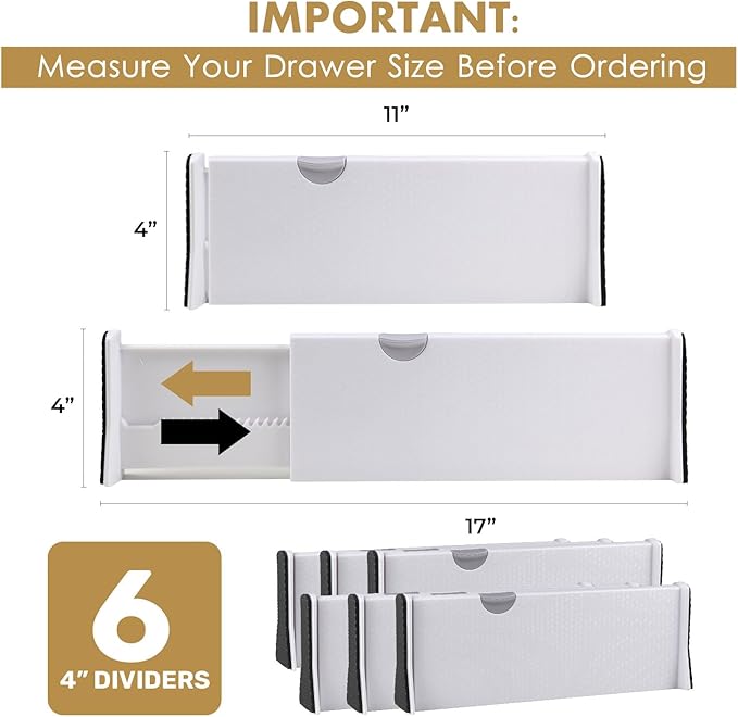 RAPTUROUS Adjustable Drawer Dividers 6 Pack, 4” High, 11-17” Long, Dresser Drawer Organizer for Bedroom, Closet, Kitchen, Nursery, Office, Strong Hold, Soft Foam Edges, White