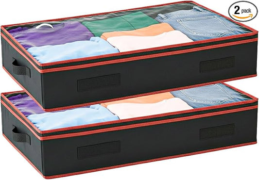 6 Inches Under Bed Storage Containers with Clear Lids | Pack of 2 Underbed Shoe Storage Foldable Clothes Organizer Bins for Blankets, Pillows, Sturdy Handles, Dustproof, & Seasonal Items