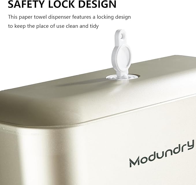 Wall Mount Paper Towel Dispensers - Multifold Tissue Dispenser with Smart Lock, Adhesive No Drilling/Screws Install, Hand Towel Holder for Home Bathroom, Restroom, Office (Gold)