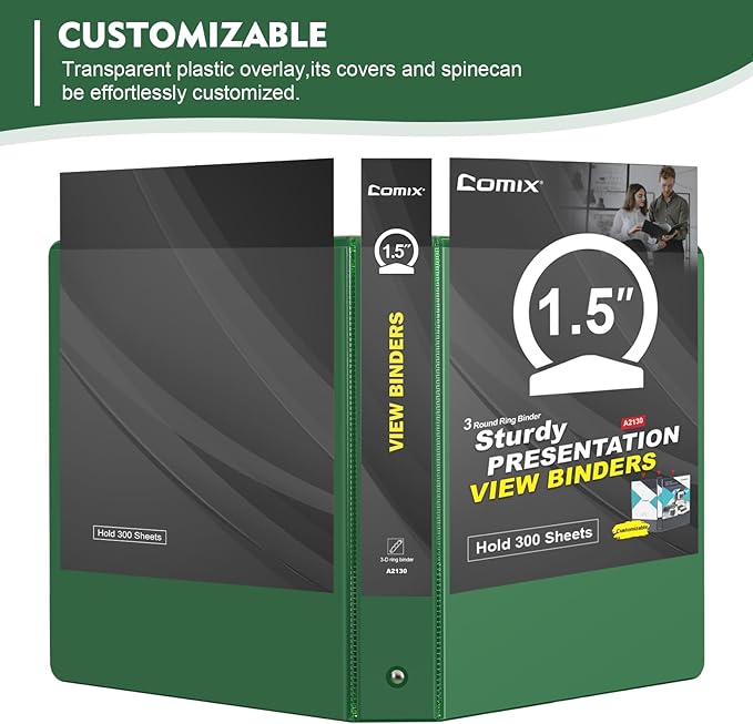 COMIX 3 Ring Binder 1.5 inch with Clear View Cover, 1.5" View Binder Holds 300 Sheets of US Letter Size Paper, 6 Pack (Green)