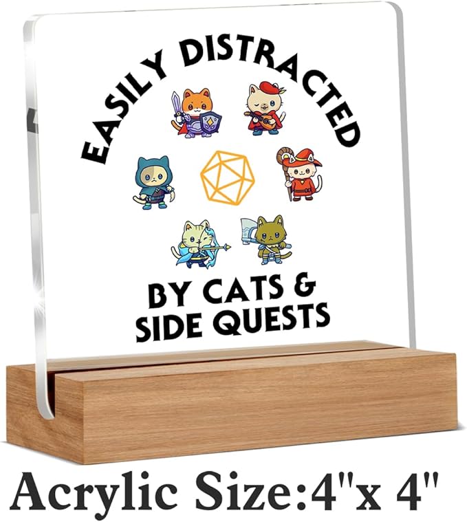 Funny DND Gifts for RPG Gamers, Dungeon and Dragon Gift, Nerdy Gifts for Men Women Gamers, Cats & Side Quest Acrylic Desk Signs Decor 4 × 4 Inches