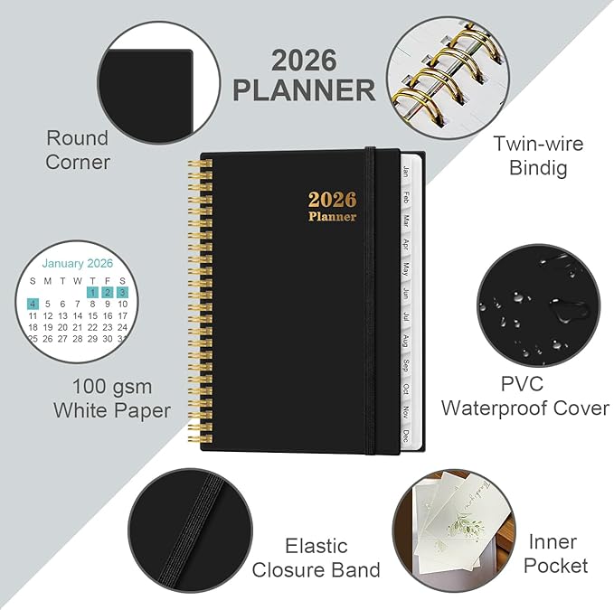 2026 Planner - Weekly and Monthly Calendar Planner from Jan 2026 - Dec 2026, Planner 2026 Spiral Bound with 12 Monthly Tabs, Inner Pocket, Perfect for School Office Supplies, 6.4" x 8.5", Black