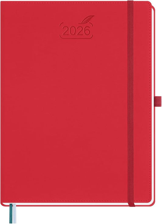 BEZEND 2026 Planner Weekly and Monthly (8.5" x 11") Daily Calendar with Half-Hourly Timeslots & Tab (Jan-Dec) Note & Expenses, Pen Holder, Inner Pocket, Vegan Leather Hardcover - Red