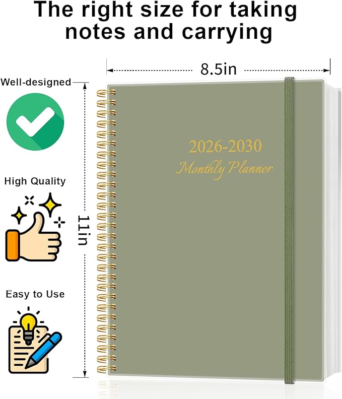2026-2030 Monthly Planner - 60 Month PLanner Calendar from January 2026 to December 2030, 5 Year Planner 2026-2030 with Flexible Cover, Inner Pocket, Perfect for Home | School | Office, 8.5" x 11", Green