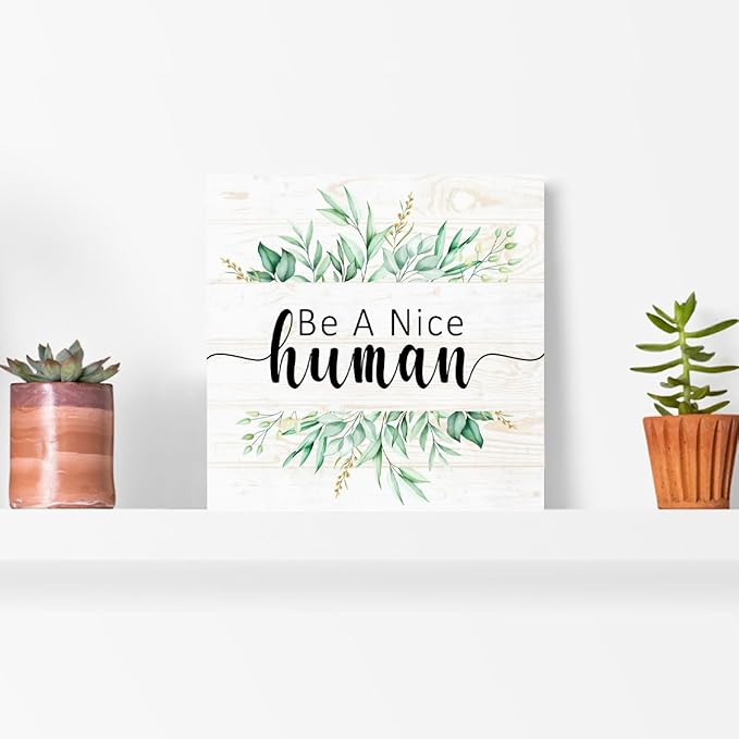 Be A Nice Human Sign Wood Box,Inspirational Quote Wooden Block Sign for Home Office Tabletop Shelf Decor 5" x 5",Motivational Desk Decor Accessories for Women