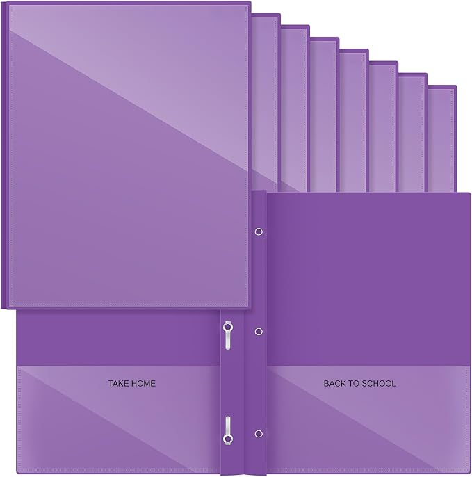 Henoyso 24 Pcs Plastic Folders with Clear Front Pocket and 3 Prong Take Home Plastic 2 Pocket Folder Back to School for Students Parent Teacher Communication for School Office (Purple)