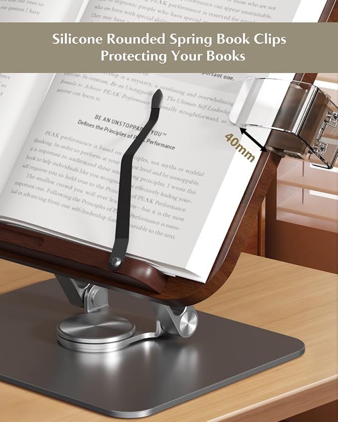 Adjustable Book Stand with 360 Swivel Base, Foldable Cookbook Stand for Recipe Books, Laptops, Textbooks