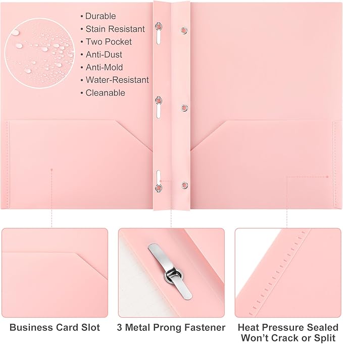 Patelai 48 Pcs Plastic Folders with 2 Pockets and 3 Prongs Home Folders with Card Slot Letter Size Heavy Duty Report Covers for Back to School(Pink,Classic)