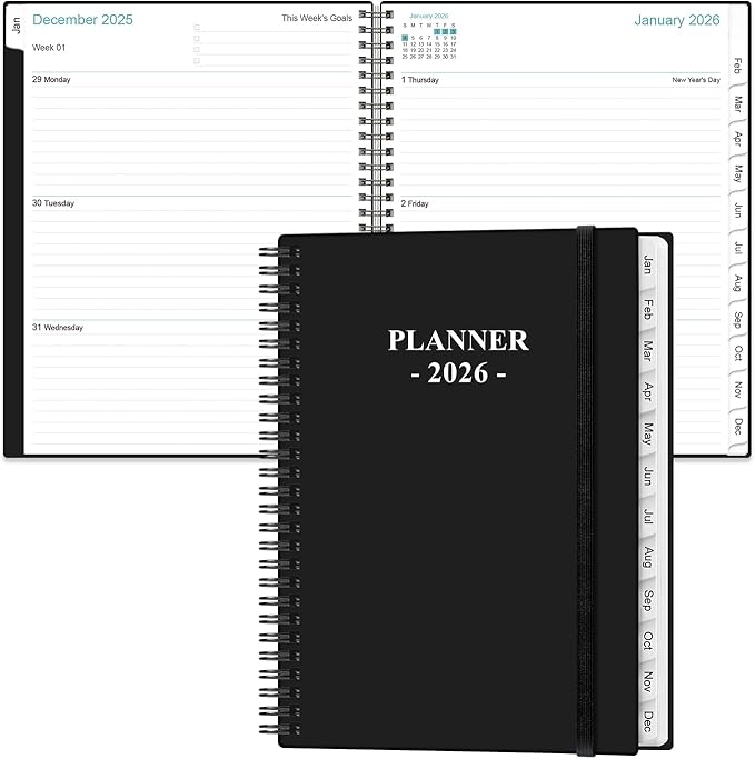 2026 Planner - Planner 2026 from January 2026 to December 2026 with 12 Monthly Tabs, Flexible Cover, Inner Pocket, 8.5" x 11", Black