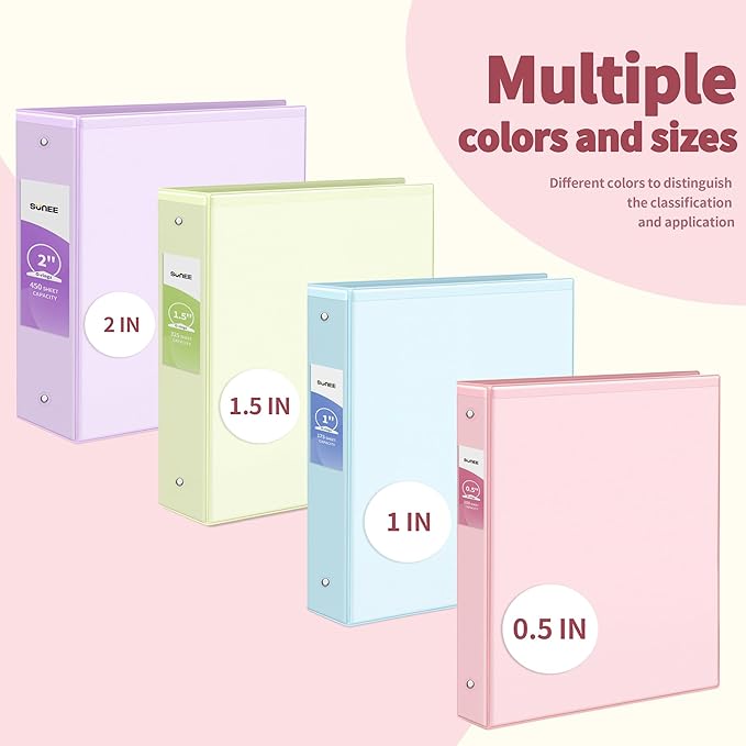 SUNEE 1.5 Inch Binders 3 Ring 4 Pack, Clear View 1 1/2 Inch Binders Three Ring PVC-Free (Fit 8.5x11 Inches) for School or Office Supplies, Assorted Pastel