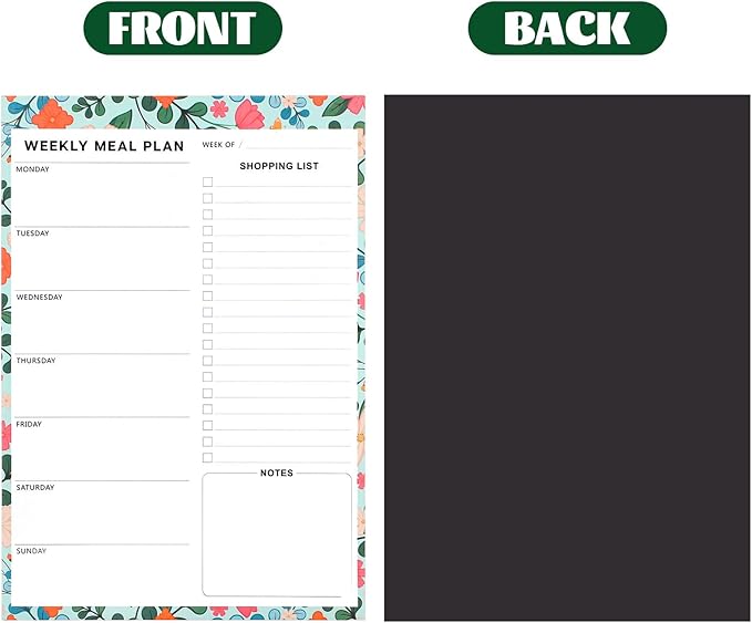 60 Sheet Meal Planner for Fridge, Magnetic Weekly Meal Planner & Grocery List with Tear-off Shopping List for Meal Prep, 7x10''-Flower Design