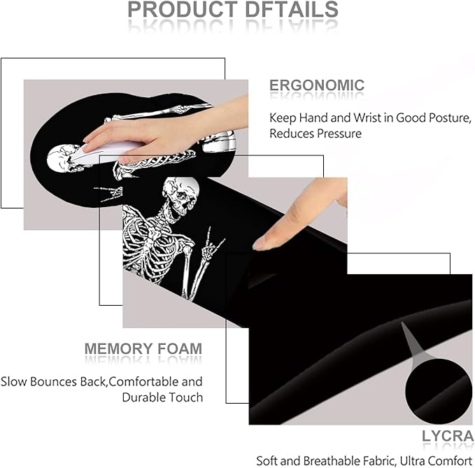 ArtSo Mouse Pad Keyboard Wrist Rest Support Ergonomic, Upgraded Cushion Mousepad Gel Memory Foam Non-Slip Rubber Base Pain Relief & Easy Typing for Home,Office, Human Skeleton Black