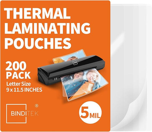 Binditek 200 Pack 5 Mil Thermal Laminating Pouches, 9x11.5 Inches Laminating Sheets, for Letter Size, Ultra Clear, Glossy, Hold 8.5x11 Inches, Heat Seal, School Office Supplies