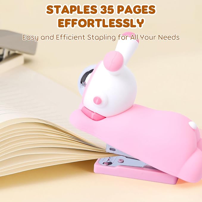 Honagu Cute Stapler, Cartoon Stereoscopic Silicone Stapler, Labor-Saving Office Supplies, Desktop Stationery Gift for Students Kids (Long Ear Pink)