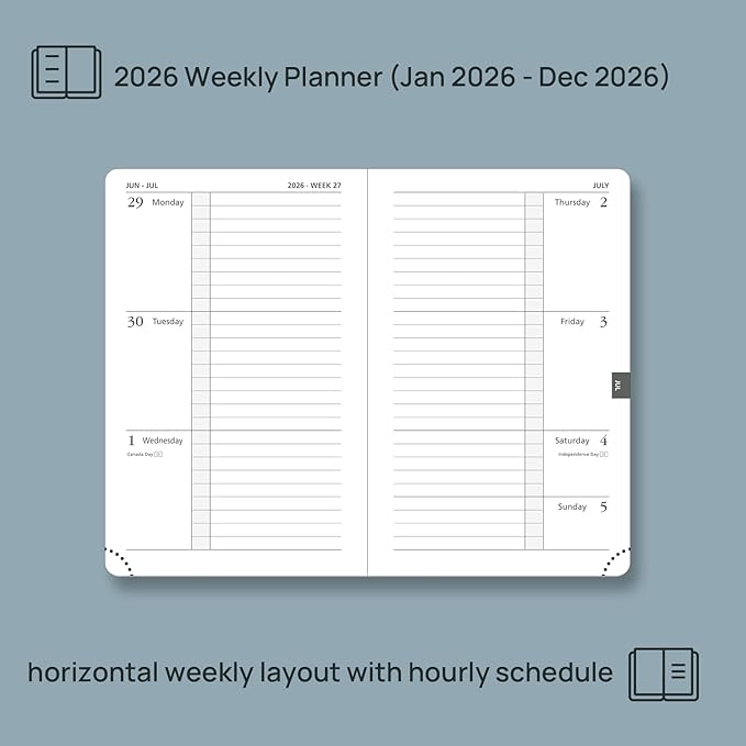 POPRUN 2026 Weekly & Monthly Planner Calendar,Pocket 4'' x 6.25'', Horizontal Layout with Lined Sections, Jan. 2026 - Dec. 2026, Leather Hardcover, 100GSM Paper, Inner Pocket - Midnight Green