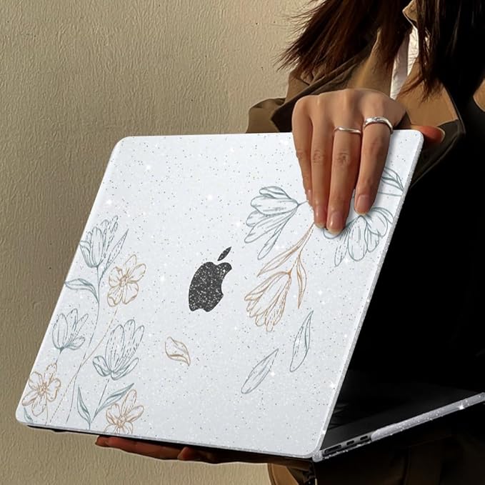 Compatible with 2025 MacBook Air 13.6 inch Case M4 A3240 Cover, Shiny Pattern Plastic Hard Shell Case Keyboard Skin for Mac Air 13.6 M2 A2681 M3 A3113 2024-2022 Release, Line Flower