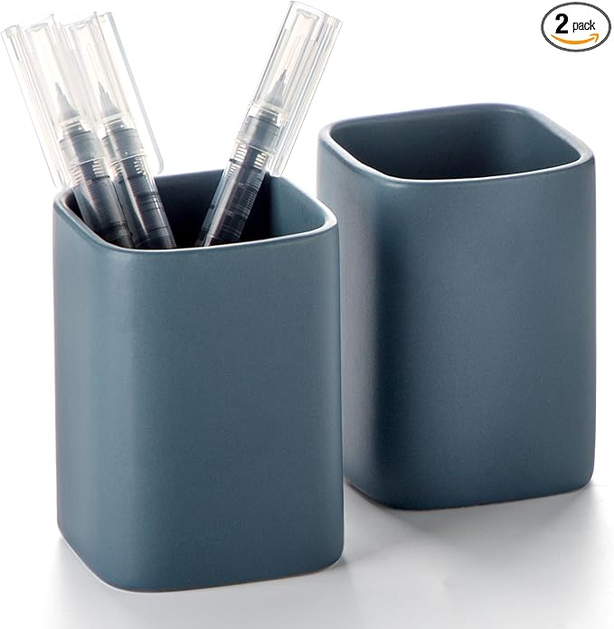 Pen Holder, 2 Pack Pencil Holder for Desk ,Ceramic Pencil Cup Desk Organizer, Makeup Brush Holder Cute, Stationery Accessories for Office, School, Home (Matte blue)