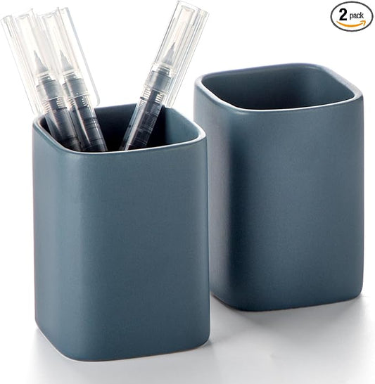 Pen Holder, 2 Pack Pencil Holder for Desk ,Ceramic Pencil Cup Desk Organizer, Makeup Brush Holder Cute, Stationery Accessories for Office, School, Home (Matte blue)