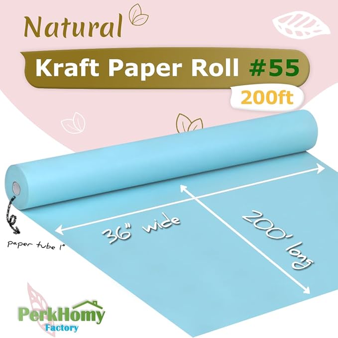 PerkHomy 36" x 2,400" (200') Light Blue Kraft Paper Roll for Craft Bulletin Board Paper Art Table Covering Crafting Gift Wrapping Bouquet Packing Parcel 80GSM 55LB (Light Blue, 36" x 200')