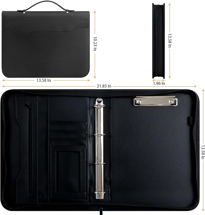 3-Ring Portfolio Binder, Zipper Folder with Writing Pad,PU Leather with Pockets,Professional Organizer with Laptop Sleeve and Folder (Black)