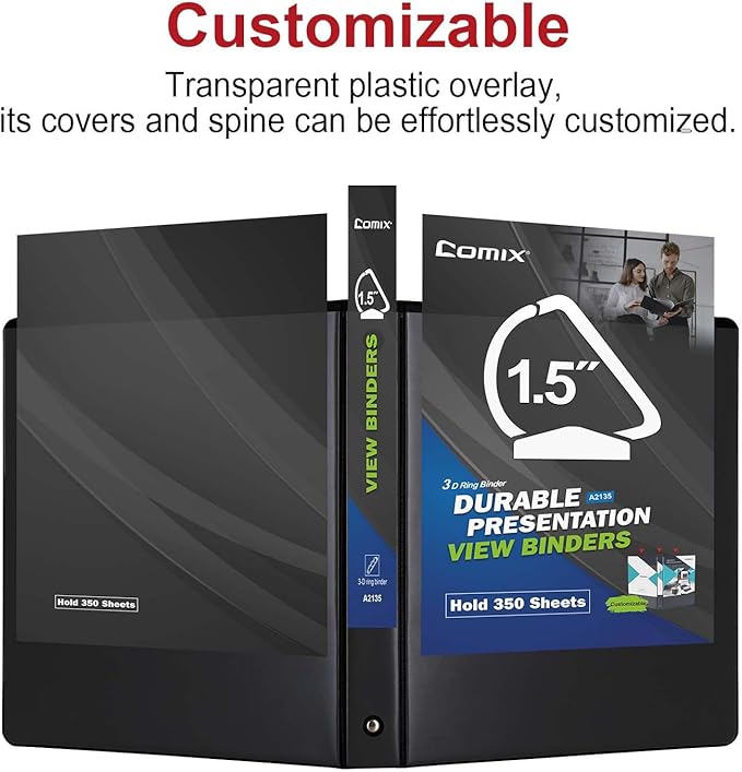 Comix Sturdy 1.5 Inch D-Ring Binders, 1.5'' 3 Ring Binder with Clear View Cover, 1-1/2 Inch Rings Holds 350 Sheets of 8.5" x 11" Paper, 6 Packs (Black)