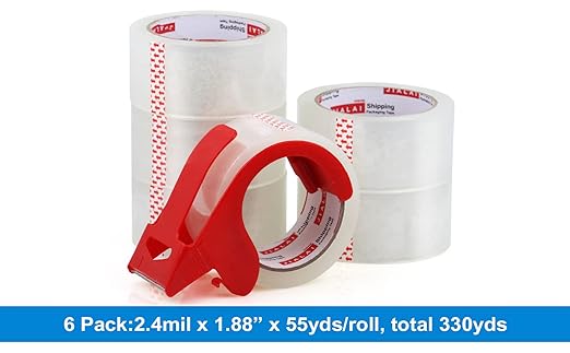 Heavy Duty Transparent Packing Tape,6 Rolls with Refillable Dispenser,Industrial Grade Packaging Tape for Shipping Moving Sealing,1.88 inches x 55 Yards Per Roll